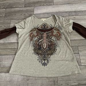 Layered Long Sleeve Top Unique Boho Front Design Size 1X (fits 44” Bust Size)